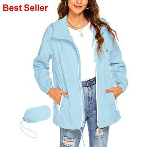 Waterproof Rain Jacket Lightweight Breathable Hooded Windbreaker with Pockets